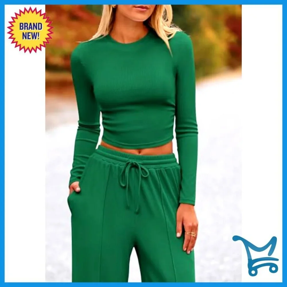 Women's Long Sleeve Crop Top Wide Leg Pants Set Chic Casual Tracksuit